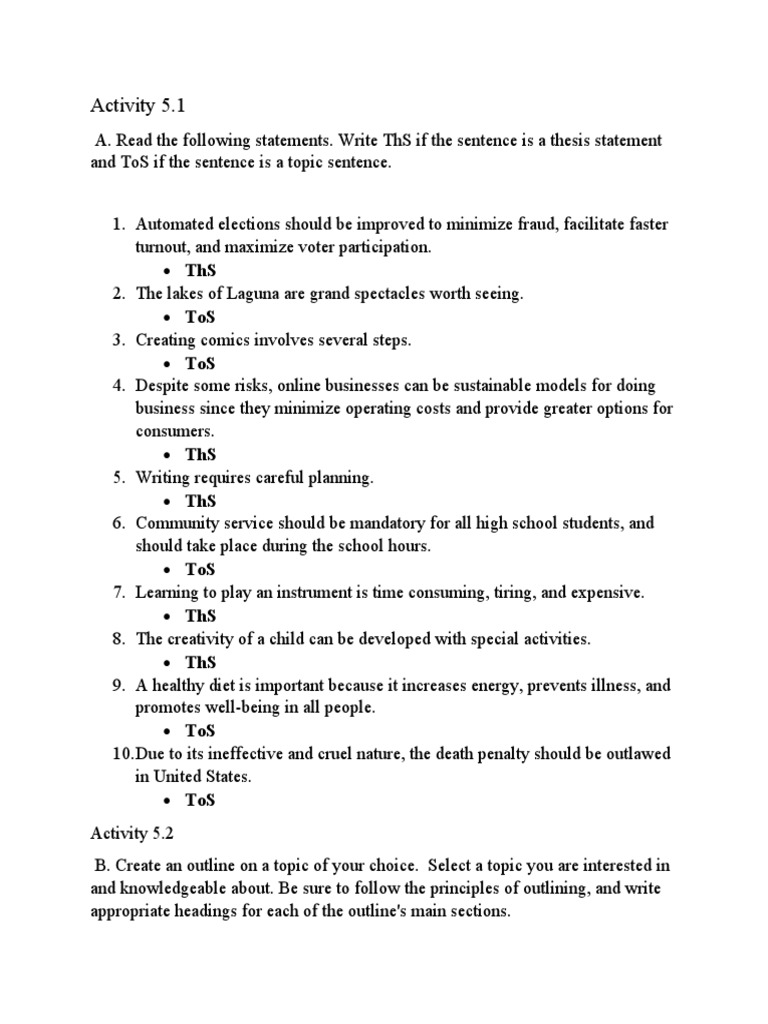 Thesis Statement Identification Activity | PDF