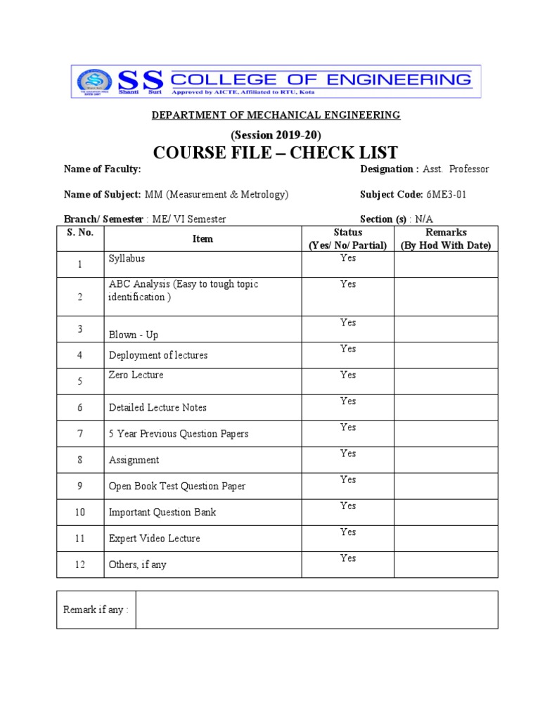 Mechanical Engineering Course Checklist | PDF