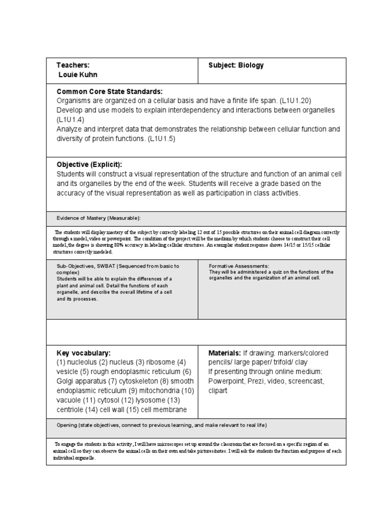 Biology Lesson Plan: Animal Cell Structure | PDF | Eukaryotes | Cell ...