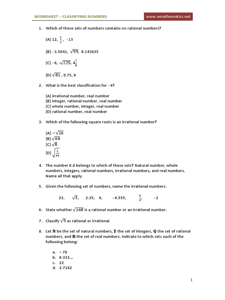 Number Classification Worksheet Answers | PDF