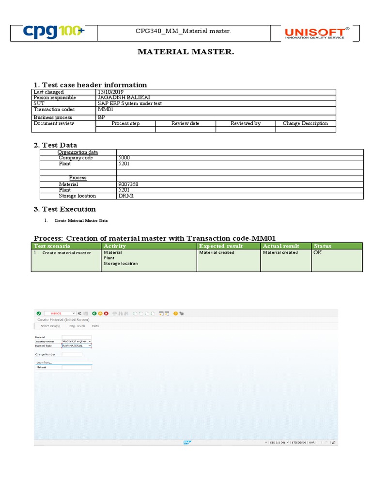 Material Master.: 1. Test Case Header Information | PDF