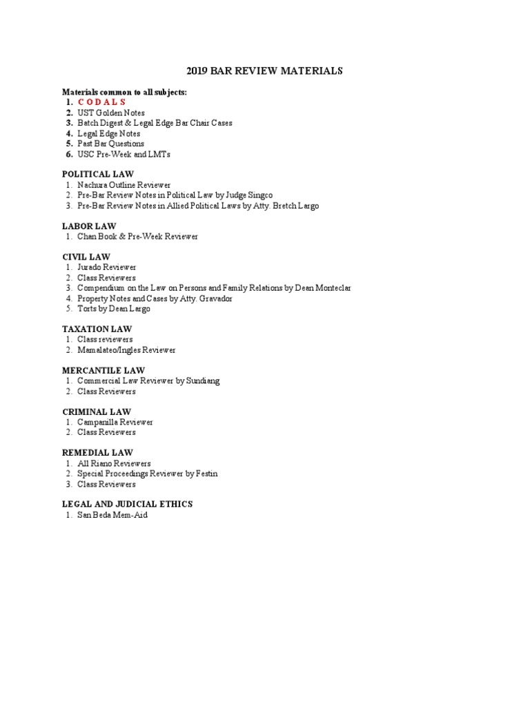 2019 Bar Review Study Materials Guide | PDF