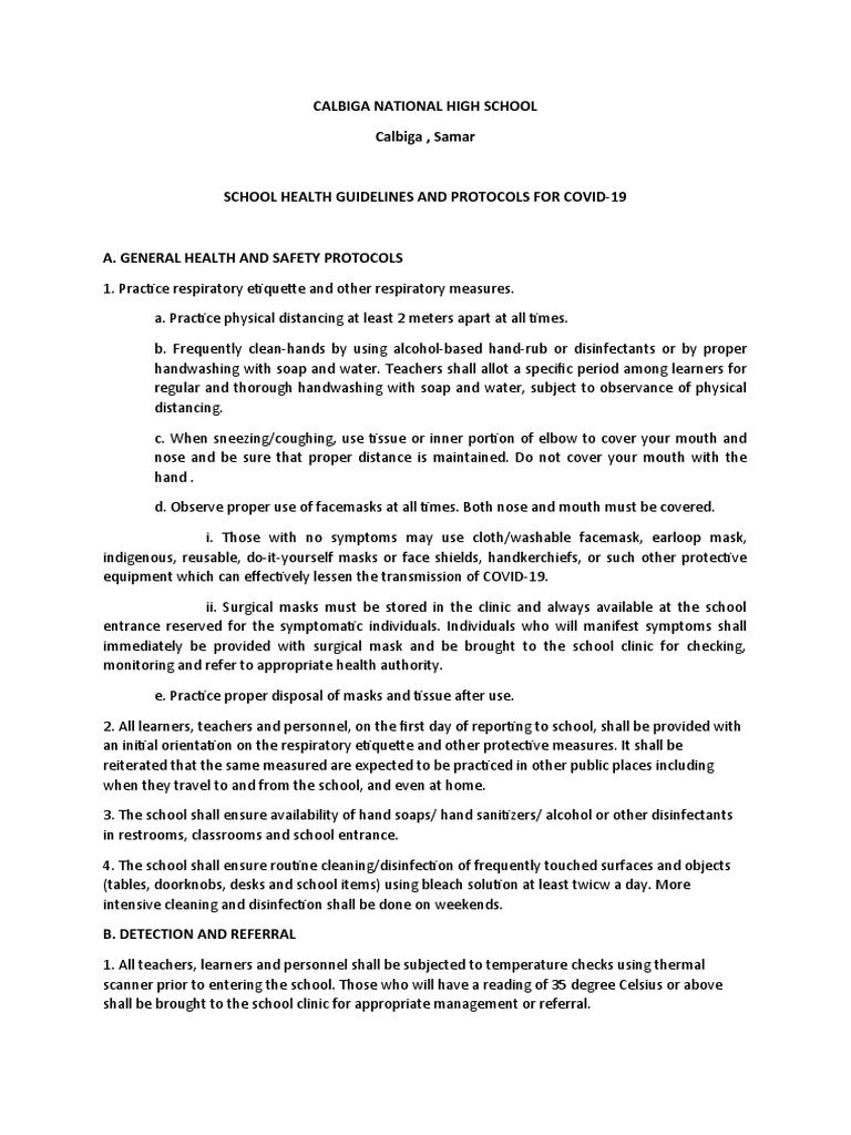 SCHOOL HEALTH Guidelines FOR Covid PDF Hand Washing Public Health