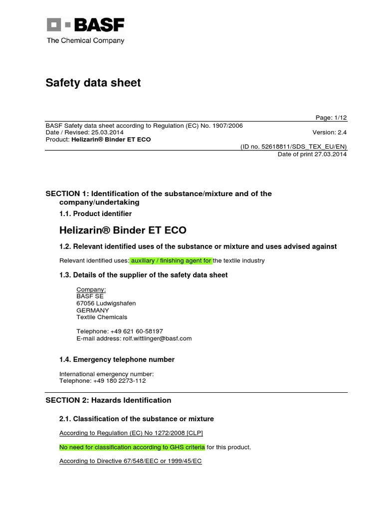 D ECR FILE CERTIFICATE H&M 2014 Revised BASF MSDS Helizarin