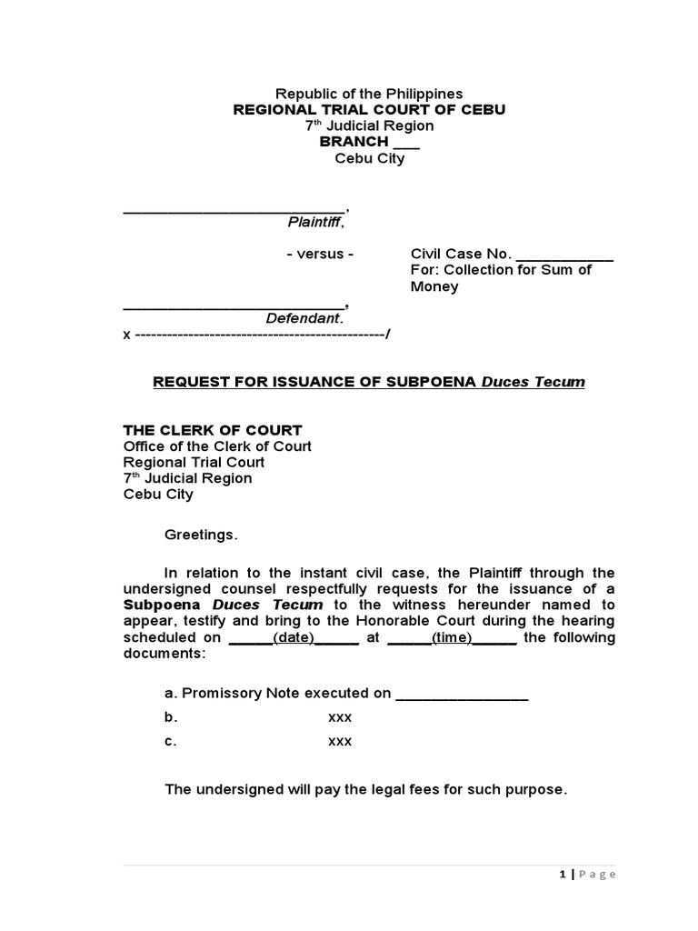 Request for Issuance of Subpoena Duces Tecum in Civil Case Regarding ...
