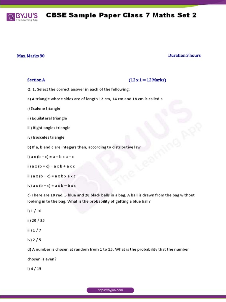 CBSE Sample Paper Class 7 Maths Set 2 PDF | PDF | Triangle | Elementary ...