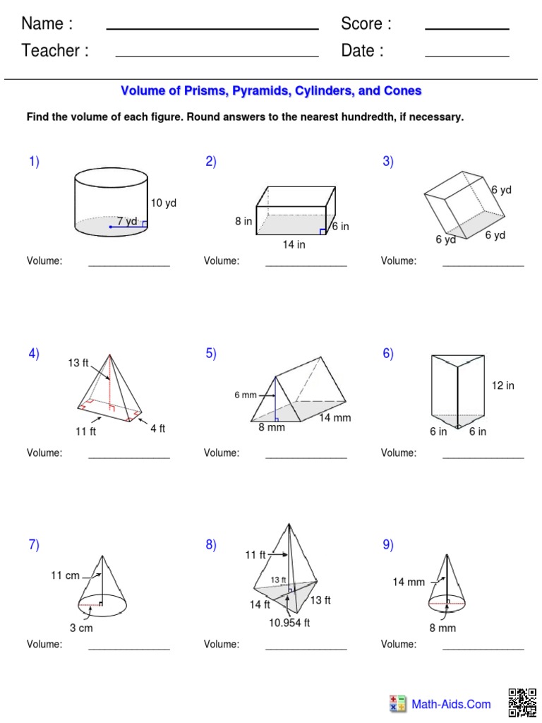 name-teacher-date-score-volume-of-prisms-pyramids-cylinders-and-cones-pdf-volume-geometric-objects