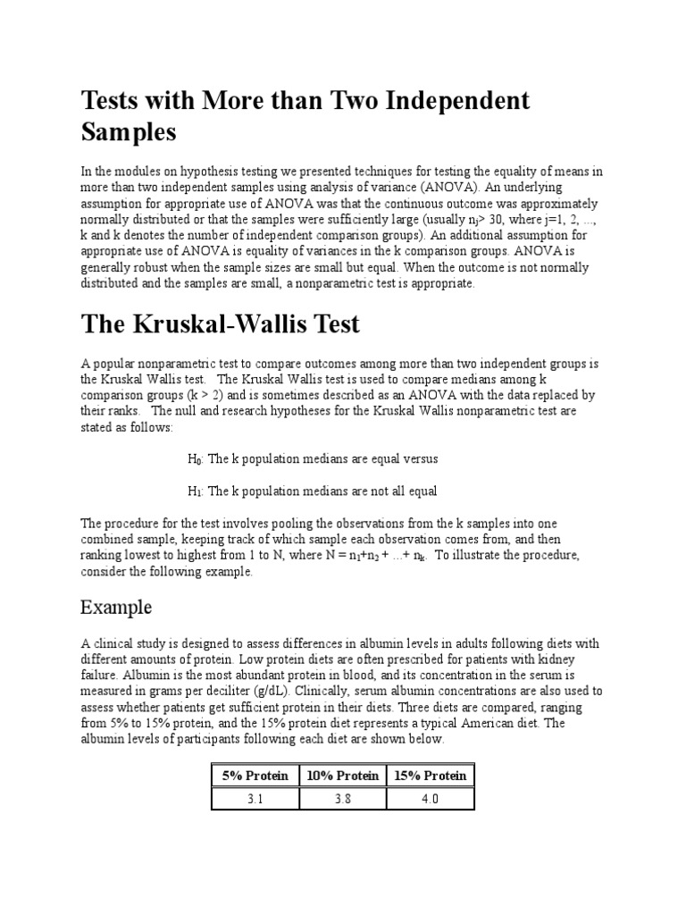 Tests With More Than Two Independent Samples The KruskalWallis Test