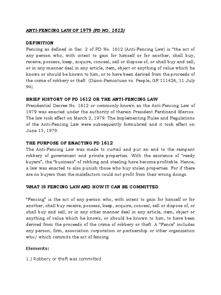 AntiFencing Law OF 1979 (PD NO. 1612) Elements PDF Theft Robbery
