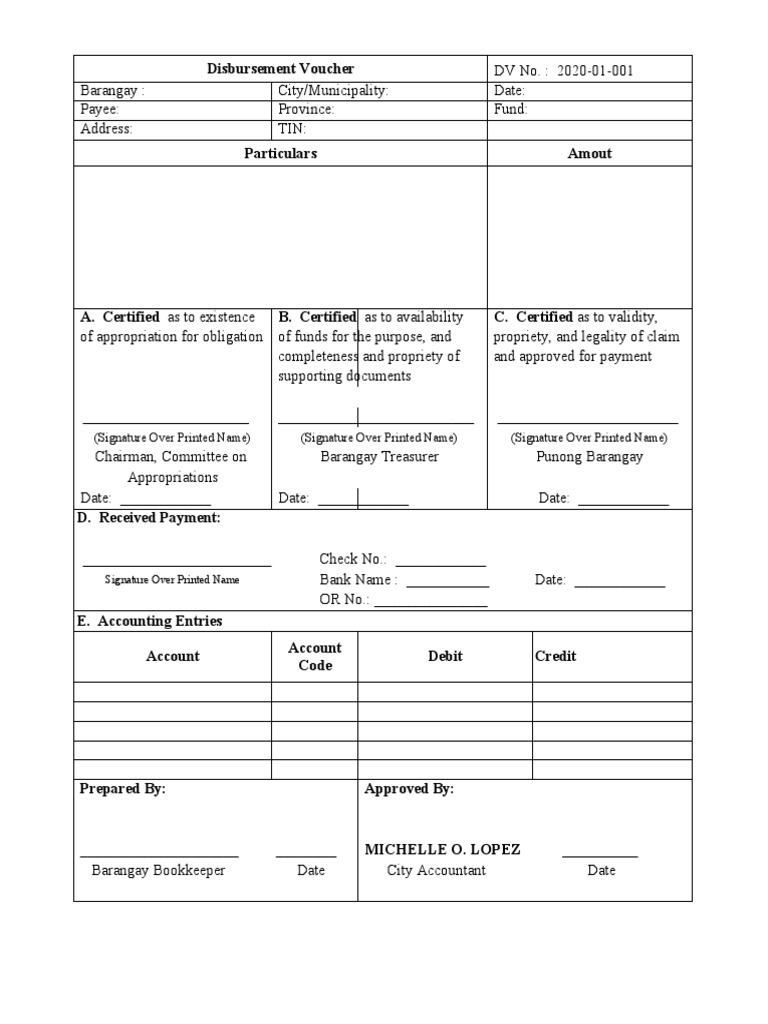 Disbursement Voucher Template for Barangays | PDF | Payments ...