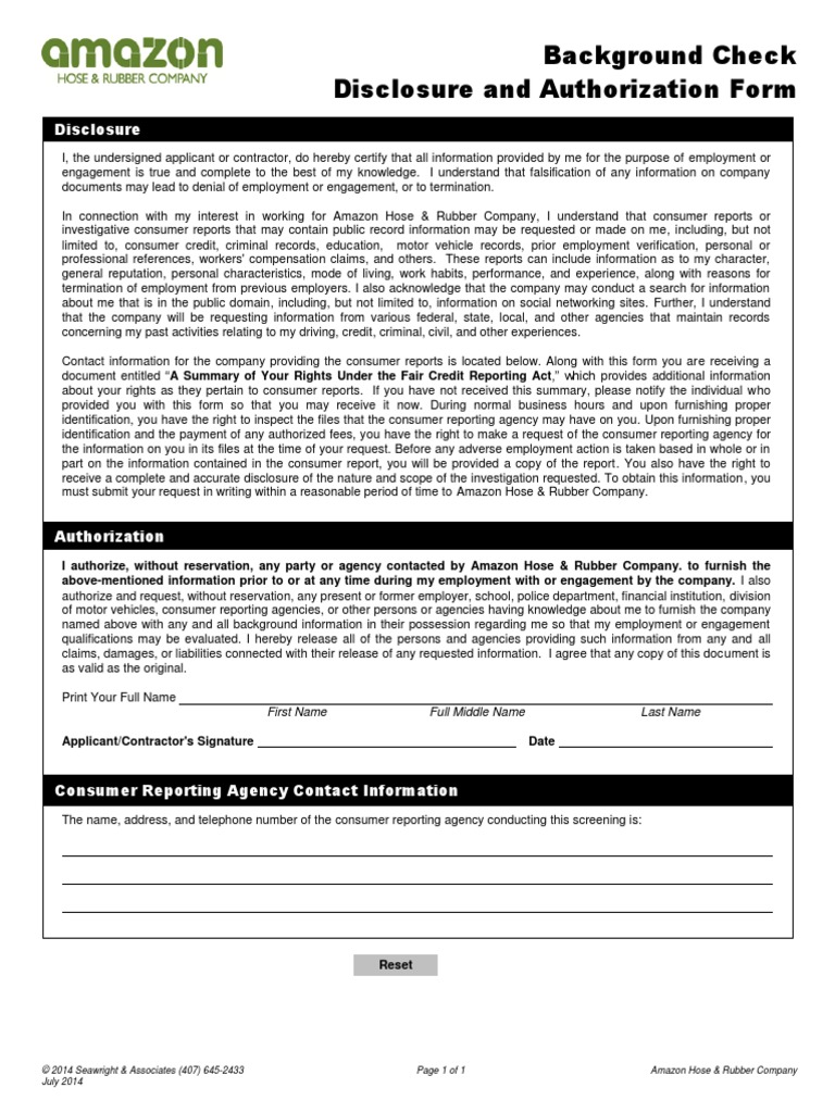 Amazon Background Check Disclosure and Authorization Form.7 2 14.fillable PDF PDF Government