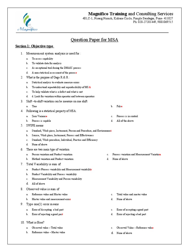 MSA Exam Sample Questions and Answers | PDF | Variance | Statistical ...