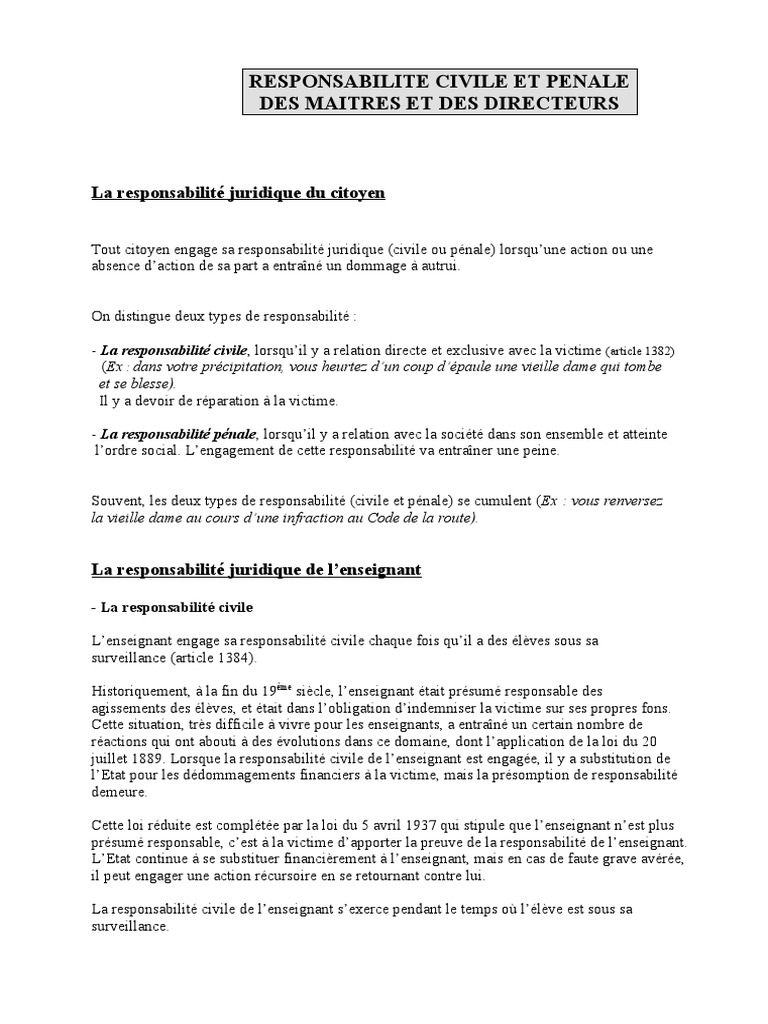 Responsabilité civile et pénale des enseignants | PDF | Vertu | Crime ...