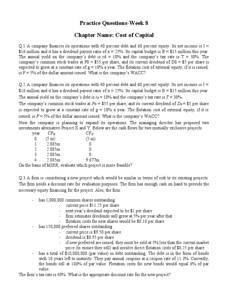 Cost of Capital Practice Questions | PDF | Bonds (Finance) | Dividend