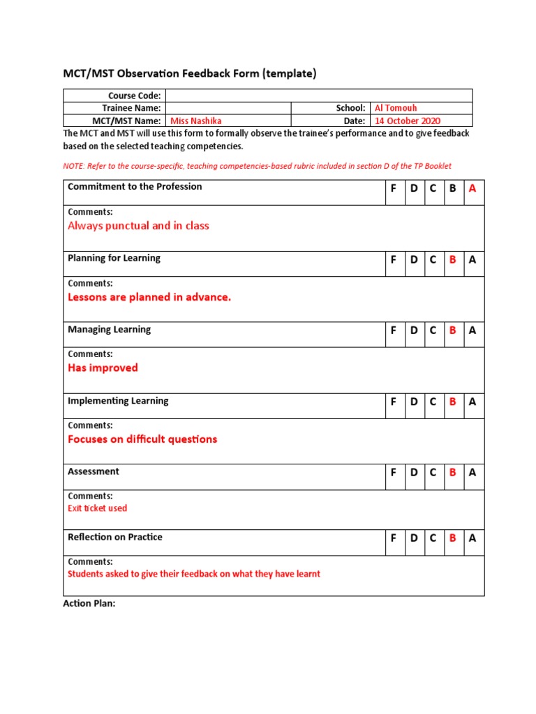 MCT/MST Observation Feedback Form (Template) : Always Punctual and in ...