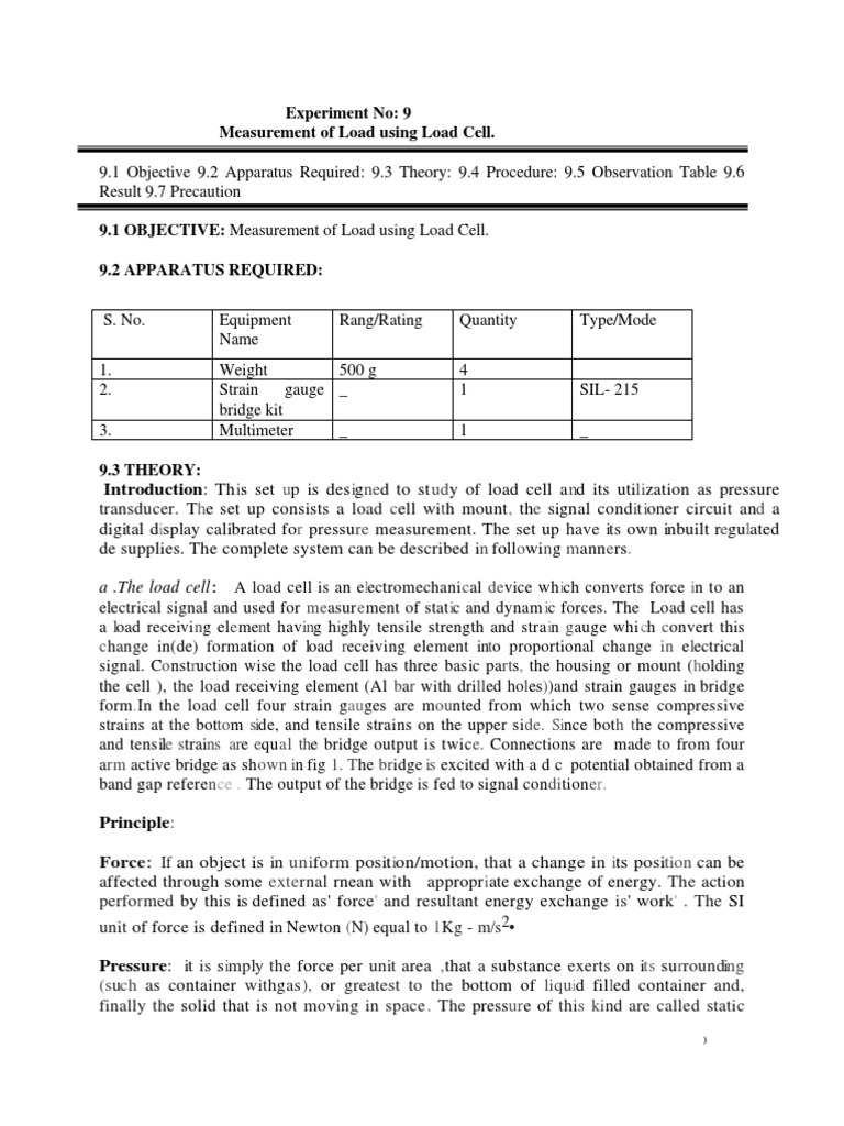 Experiment No 9 Load Cell | PDF | Amplifier | Force