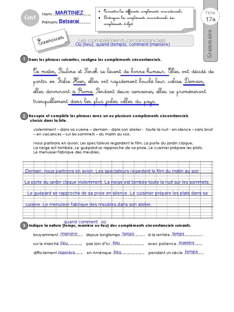 Les Compléments Ce2 Exercices Pdf cm1 Exercices Complements Circonstanciels | PDF | Mécanique du langage |  Syntaxe