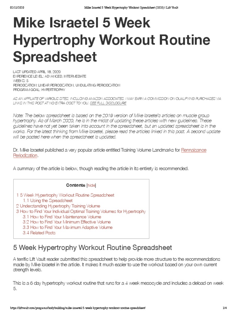 Mike Israetel 5 Week Hypertrophy Workout Spreadsheet (2020) Lift