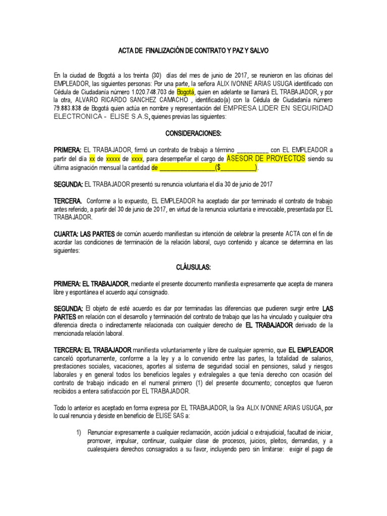 Acta de Terminación de Contrato Laboral | PDF | Salario | Gobierno