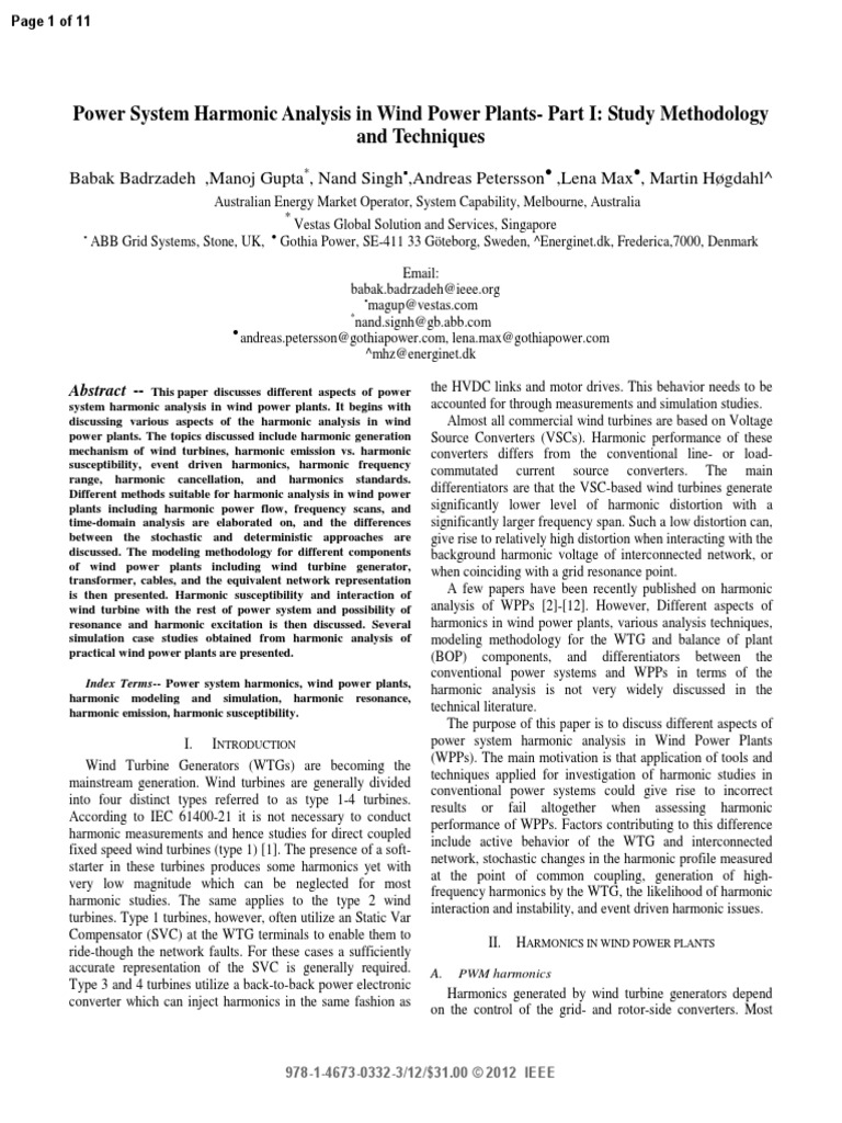 Power System Harmonic Analysis in Wind Power Plants | PDF | Power ...