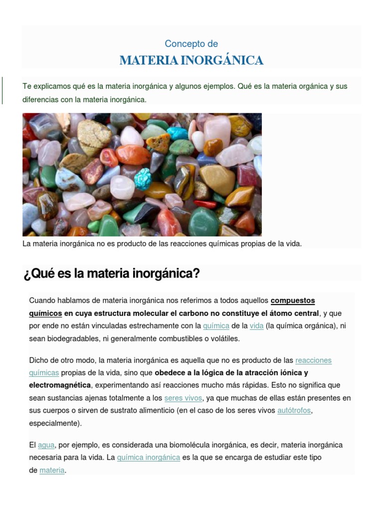 Definición y ejemplos de materia inorgánica | PDF | Química Inorgánica ...