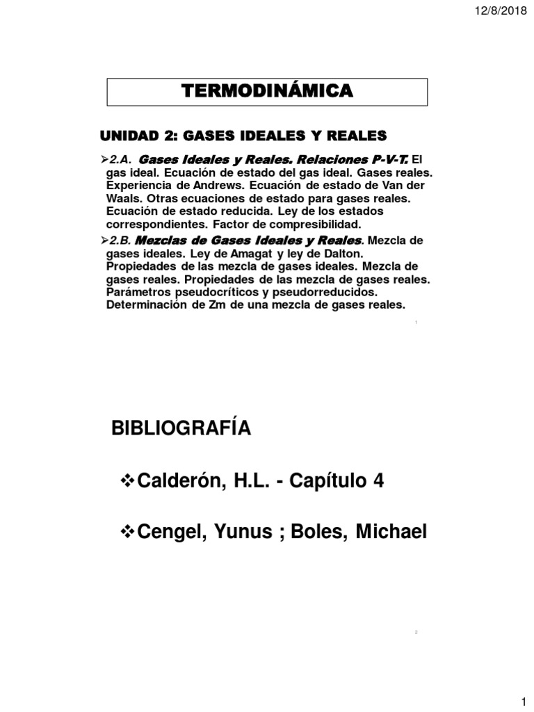 Unidad 2 - Gases Ideales y Reales 2018 | PDF | Gases | Termodinámica