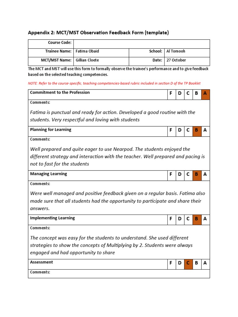 Appendix 2: MCT/MST Observation Feedback Form (Template) : Commitment ...