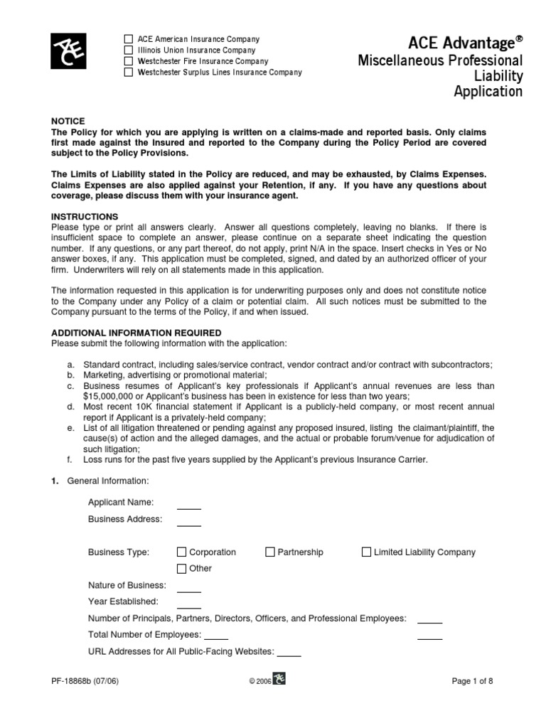 ACE Advantage: Miscellaneous Professional Liability Application | PDF ...
