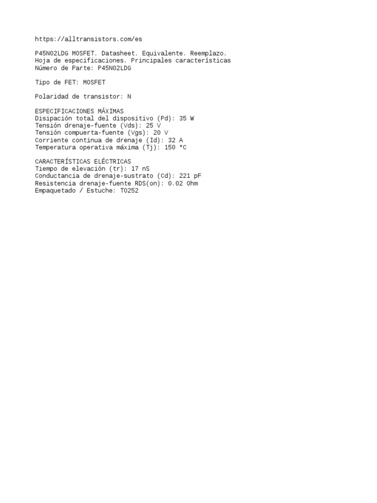P45N02LDG MOSFET - Datasheet - Equivalente - Reemplazo | PDF