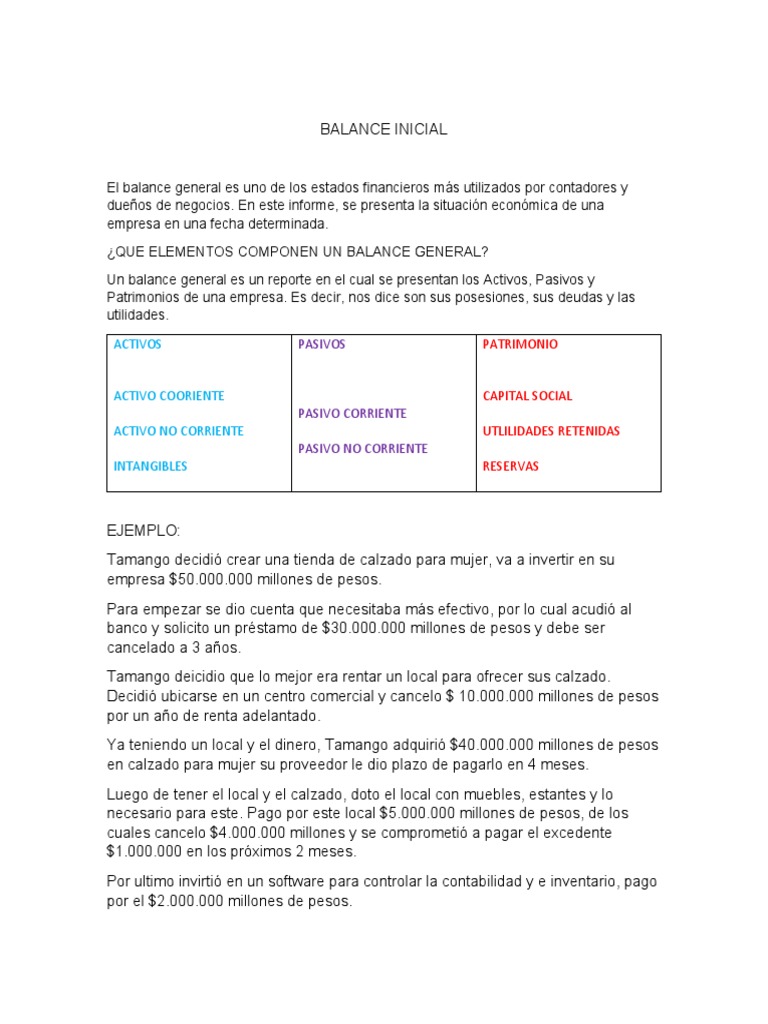 Ejemplo de Balance Inicial Empresarial | PDF | Hoja de balance ...