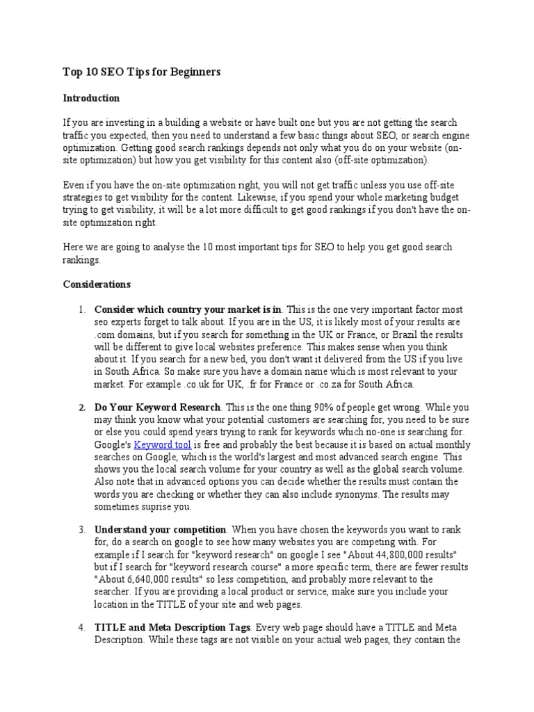 Top 10 SEO Tips For Beginners | PDF | Search Engine Optimization ...