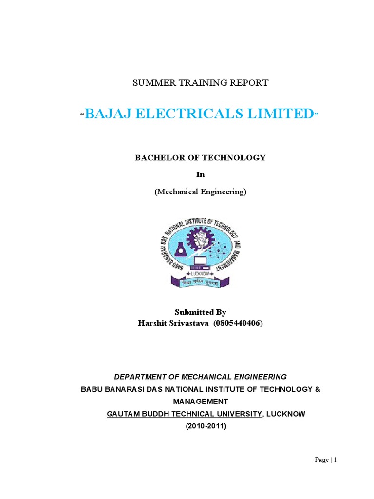 Bajaj Electricals Summer Training Report | PDF | Mechanical Engineering ...