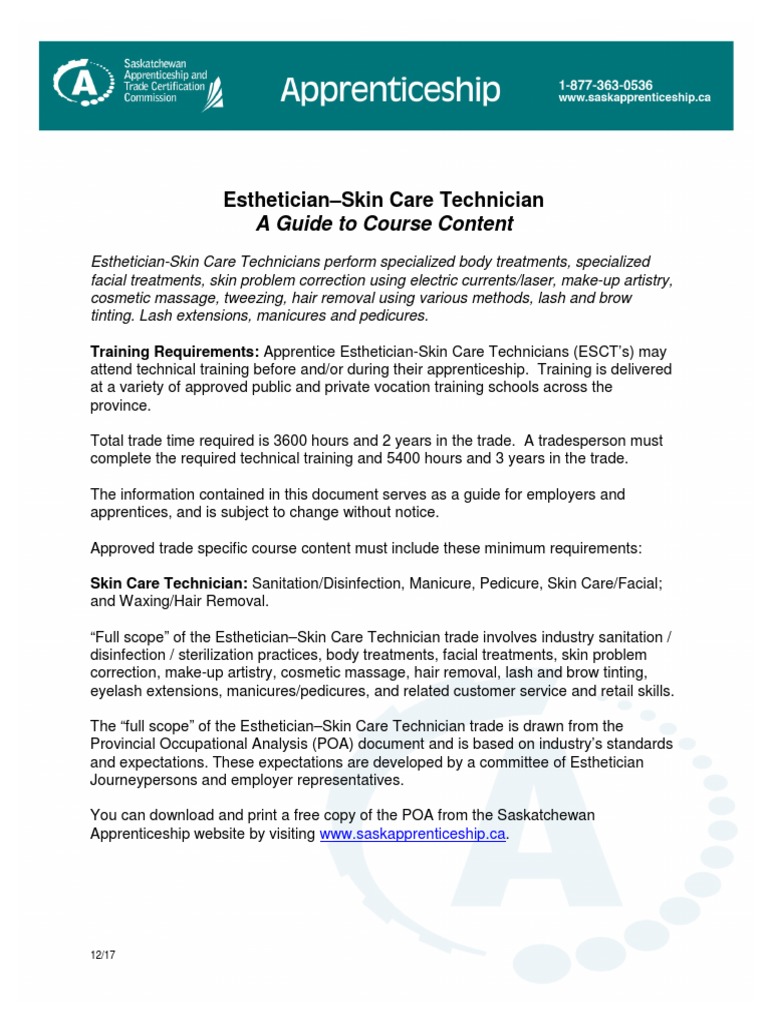 EstheticianSkin Care Technician A Guide To Course Content PDF
