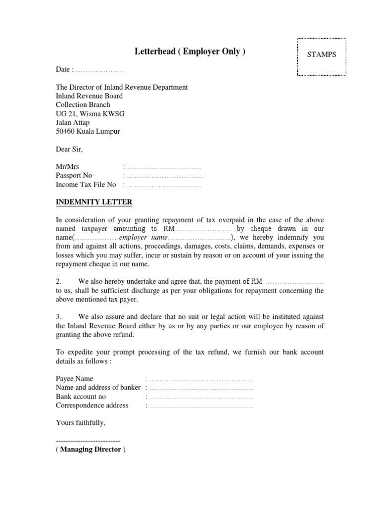 Letterhead (Employer Only) : Indemnity Letter | PDF