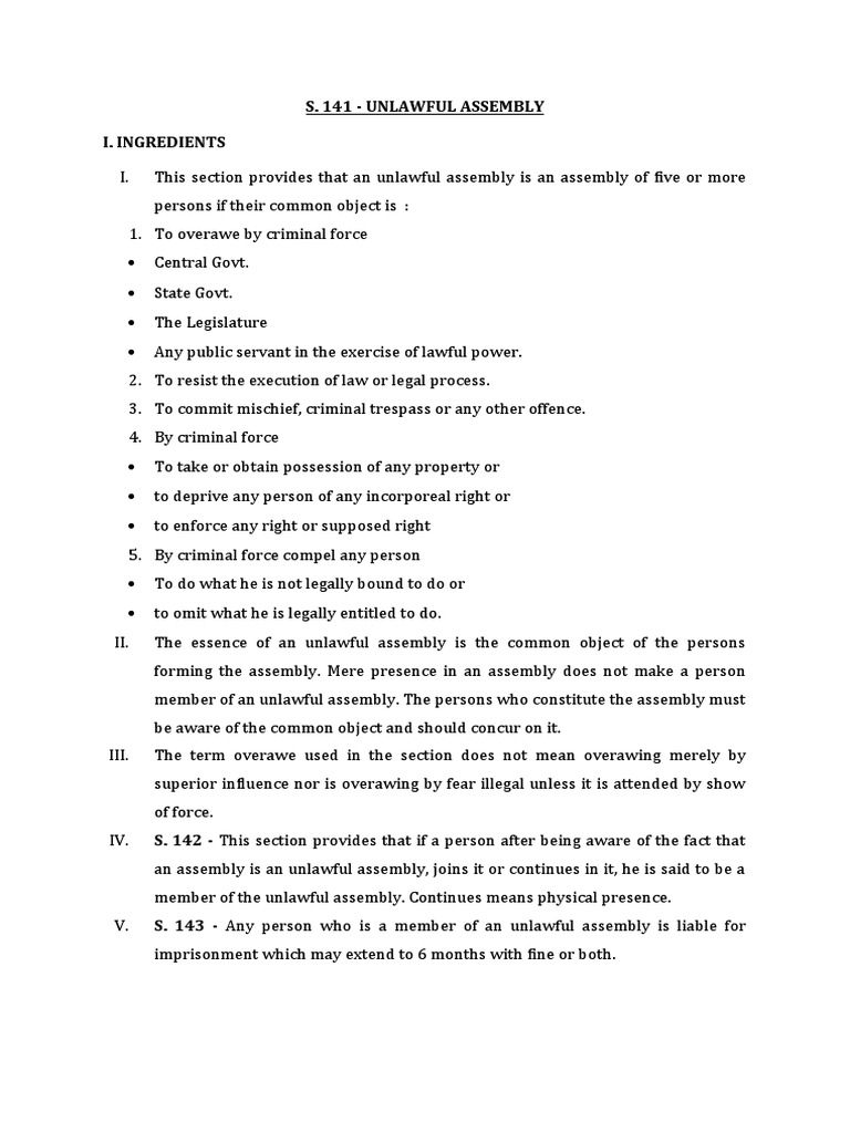 S. 141 Unlawful Assembly I. Ingredients PDF Crime & Violence