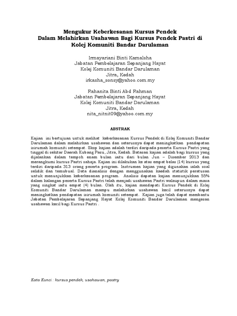 Mengukur Keberkesanan Kursus Pendek Dalam Melahirkan Usahawan Bagi Kursus Pendek Pastri Di Kolej Komuniti Bandar Darulaman Pdf