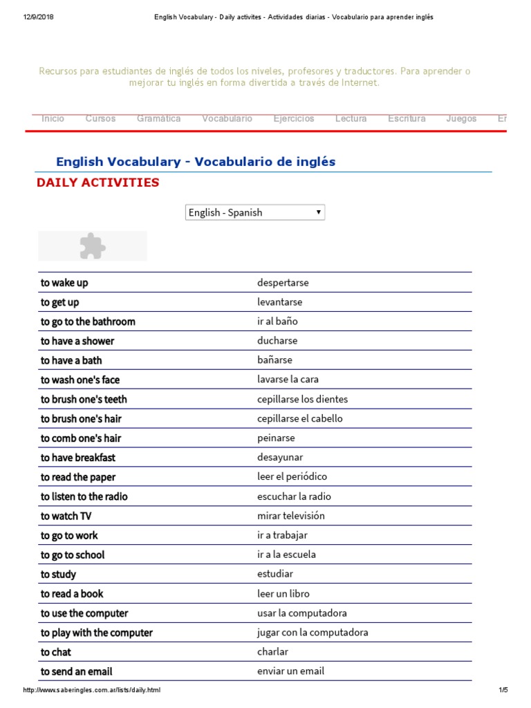 English Vocabulary Daily Activites Actividades Diarias