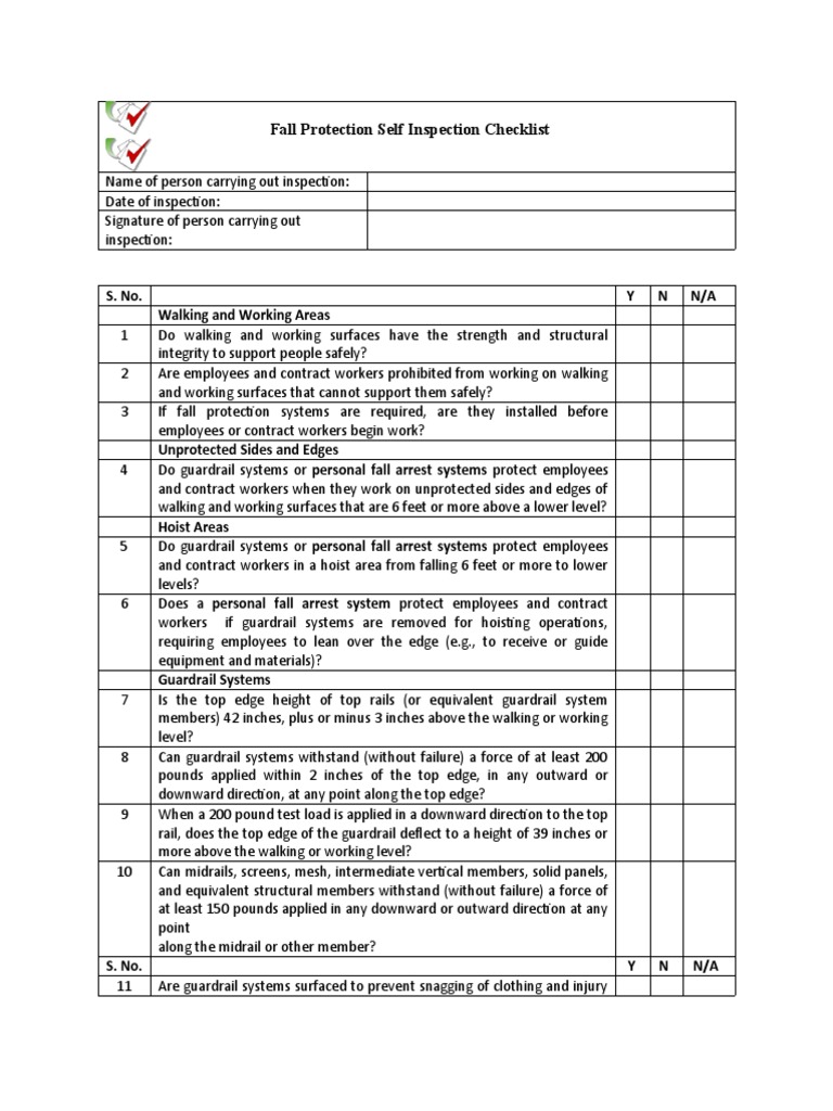 Fall Protection Self Inspection Checklist | PDF | Manufactured Goods