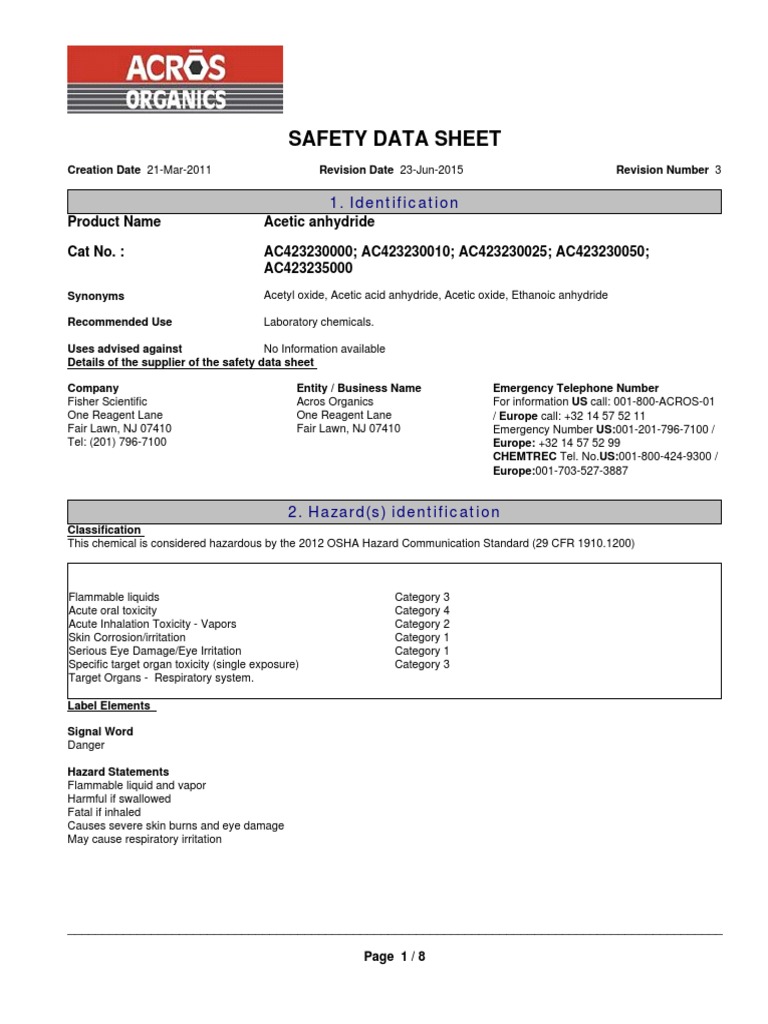 Acetic Anhydride Safety Data Sheet | PDF | Firefighting | Carbon Dioxide