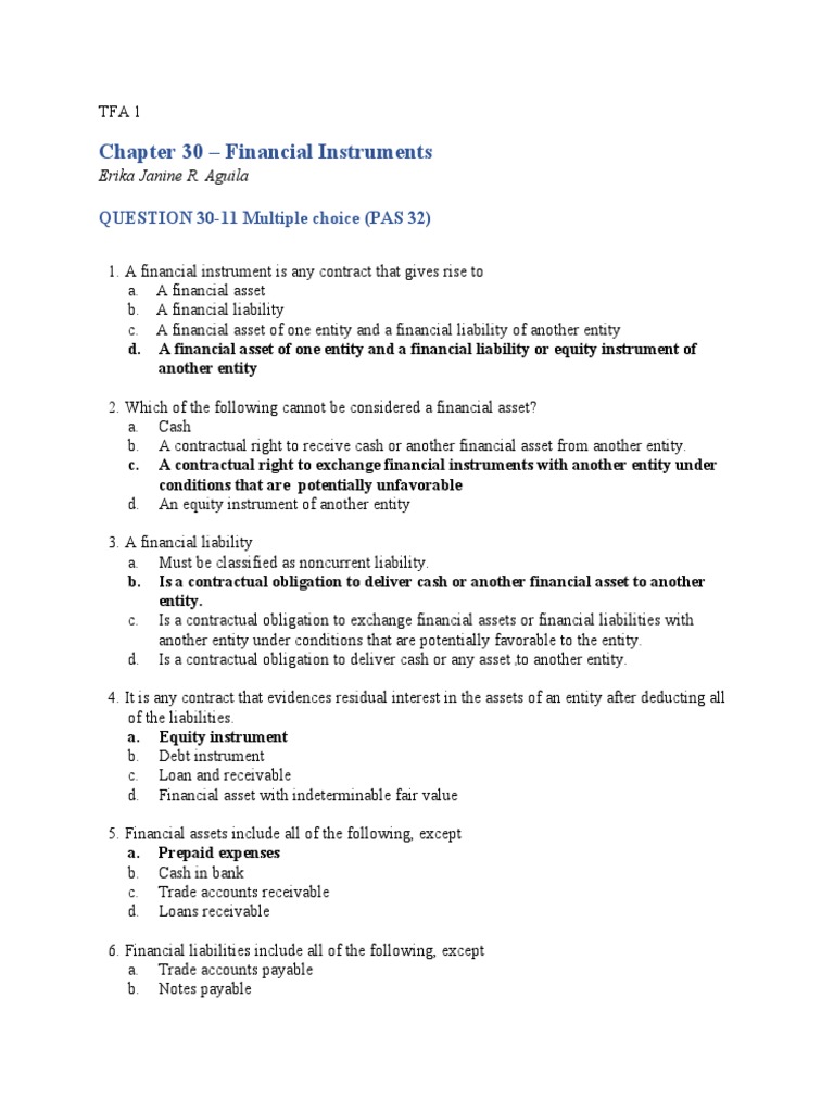 Chapter 30 - Financial Instruments: QUESTION 30-11 Multiple Choice (PAS ...