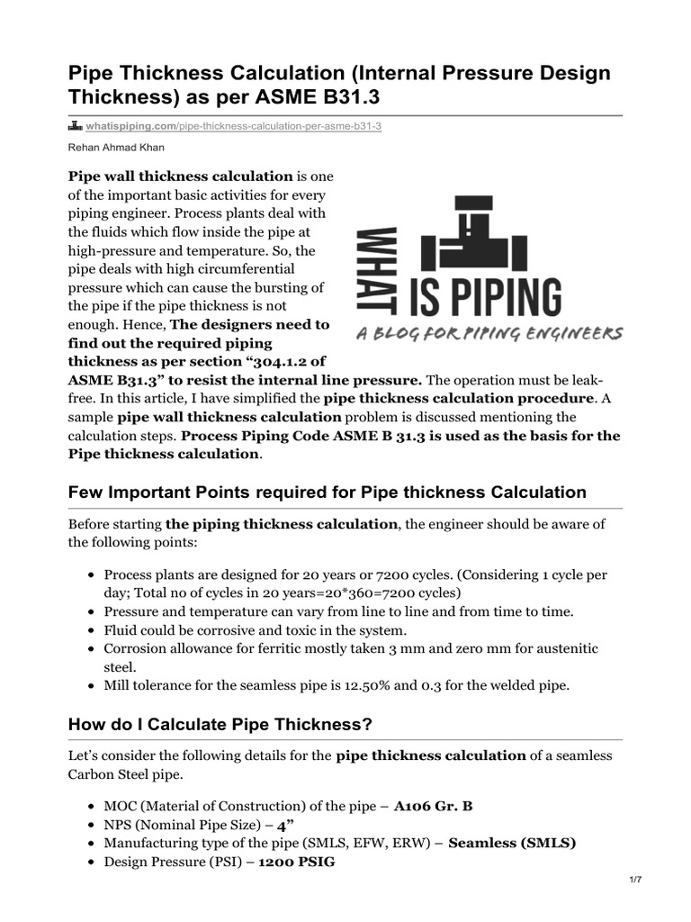Pipe Thickness Calculation Internal Pressure Design Thickness As Per