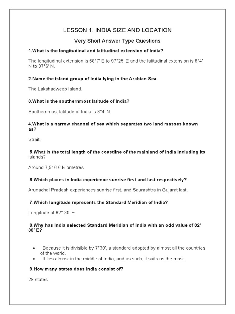Lesson 1. India Size and Location: Very Short Answer Type Questions ...
