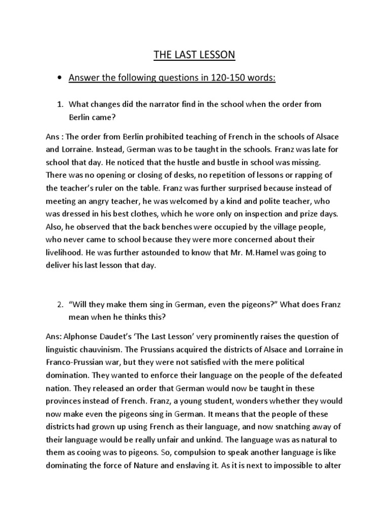 The Last Lesson: Key Questions & Answers | PDF | Language Arts ...