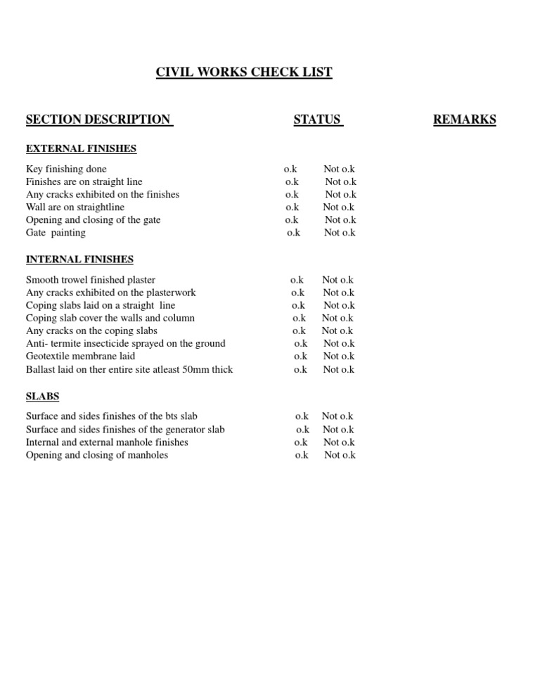 Civilworks Checklist | PDF | Building Technology | Building Engineering
