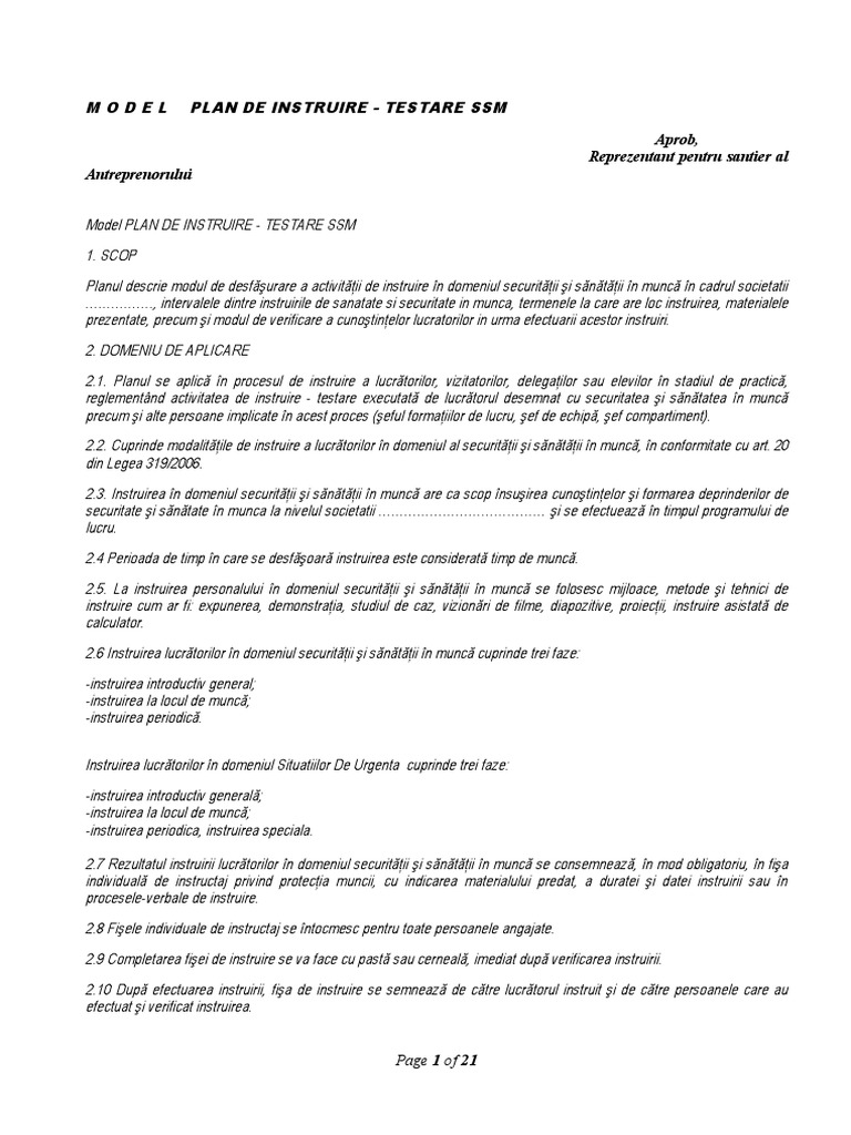Model Plan de Instruire Testare SSM | PDF