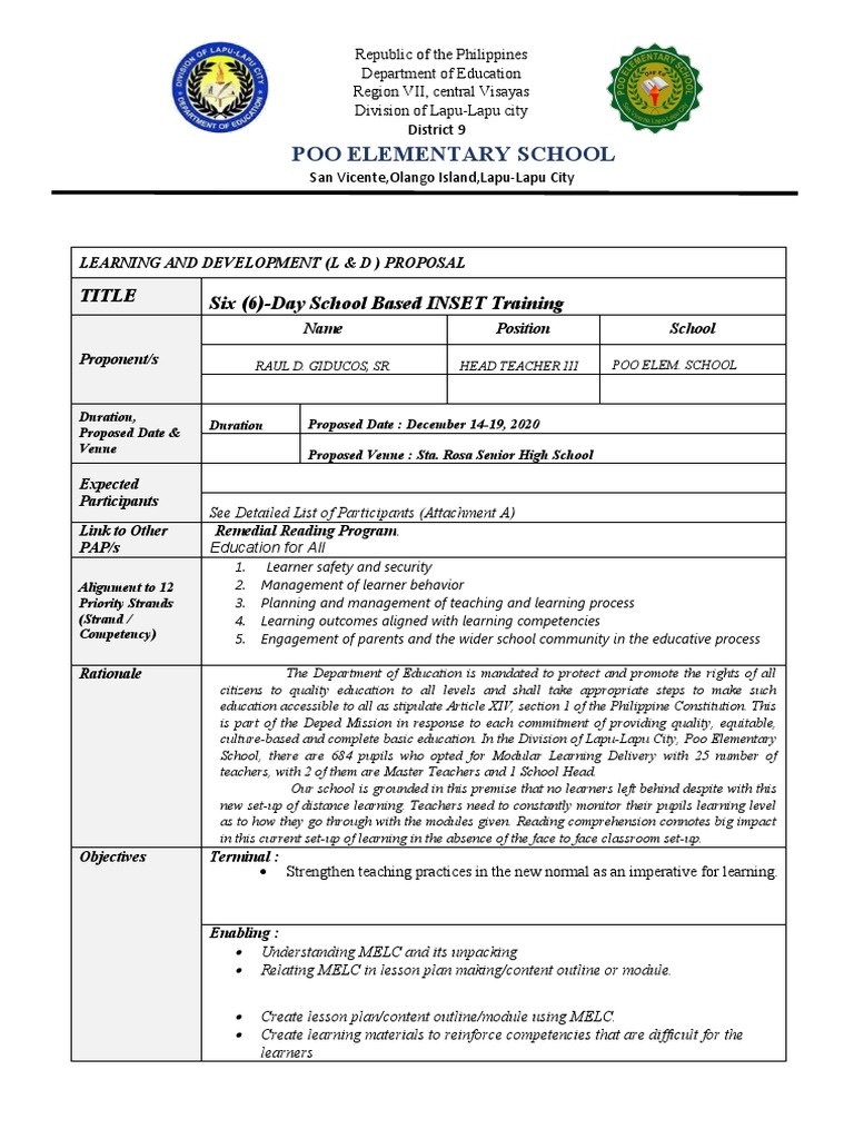 INSET Training Proposal for Poo Elementary | PDF | Learning | Pedagogy