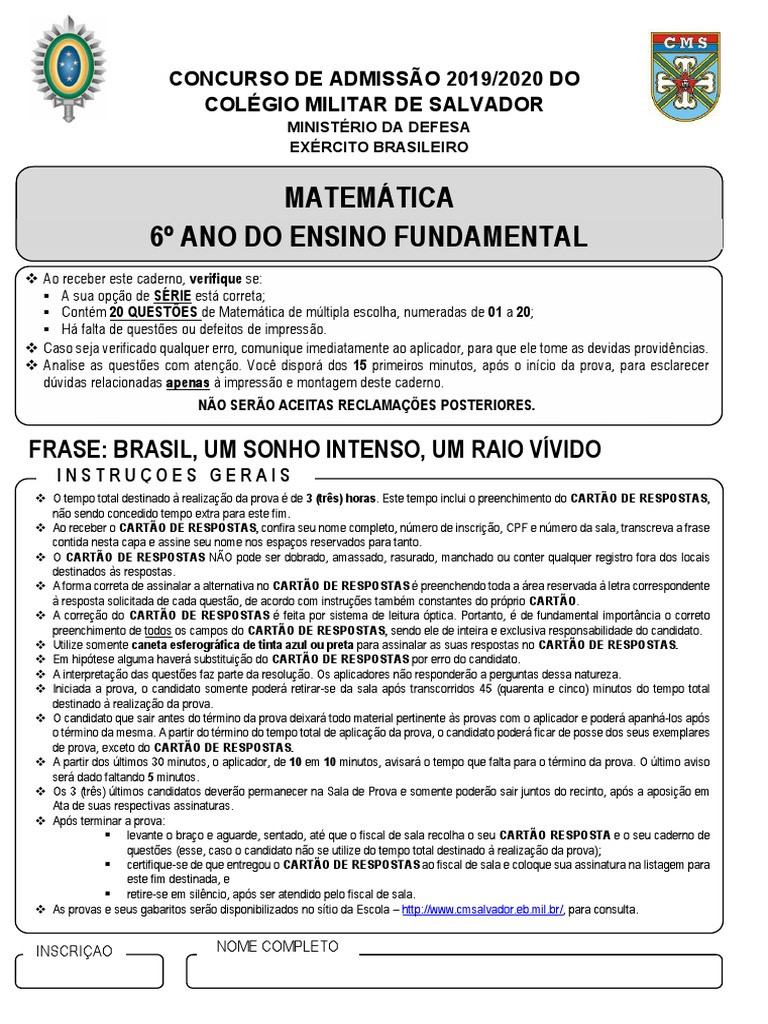 Prova do Colégio Militar 6º Ano 2020 | PDF | Números | Tempo
