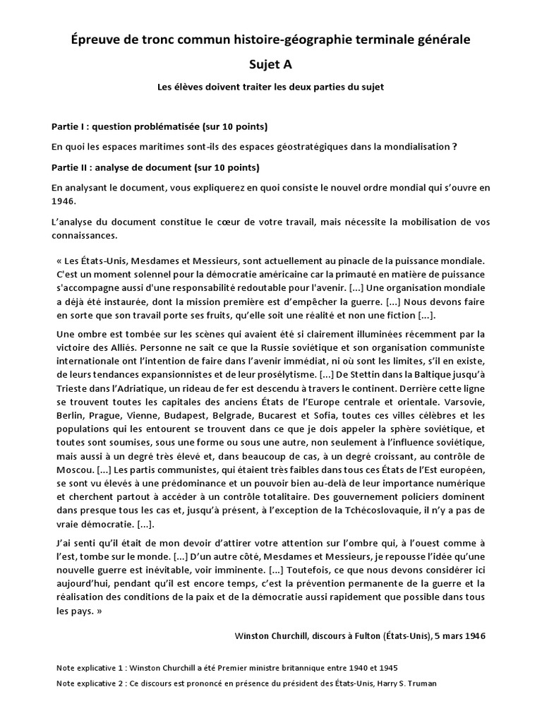 Question Problématisée Histoire Corrigé Terminale Seconde Guerre Mondiale BAC - E3C - Sujet Et Corrigé - Histoire-Géographie - Série Générale | PDF |  Winston Churchill | Communisme