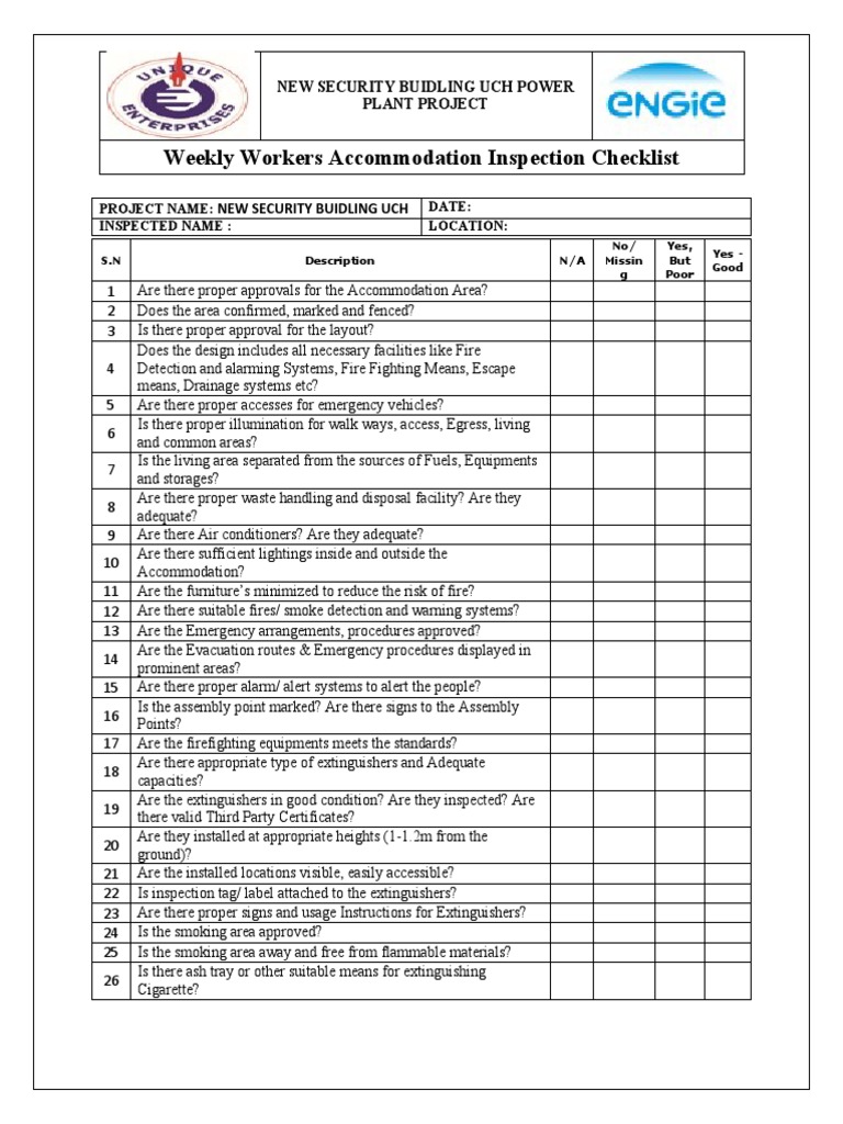 Workers Accommodation Inspection Checklist | PDF | Firefighting ...