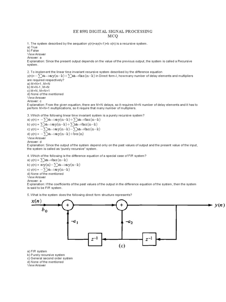Ee 8591 Digital Signal Processing MCQ A y (N K) + B X (N K) PDF
